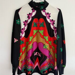 Vintage 60s Multicoloured Floral Stain Glass Print Poly Micro Mini Dress/Tunic